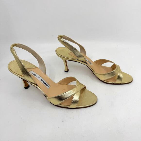 MANOLO BLAHNIK 'Callasli' Gold Metallic Leather Slingback Heels - Picture 2 of 10